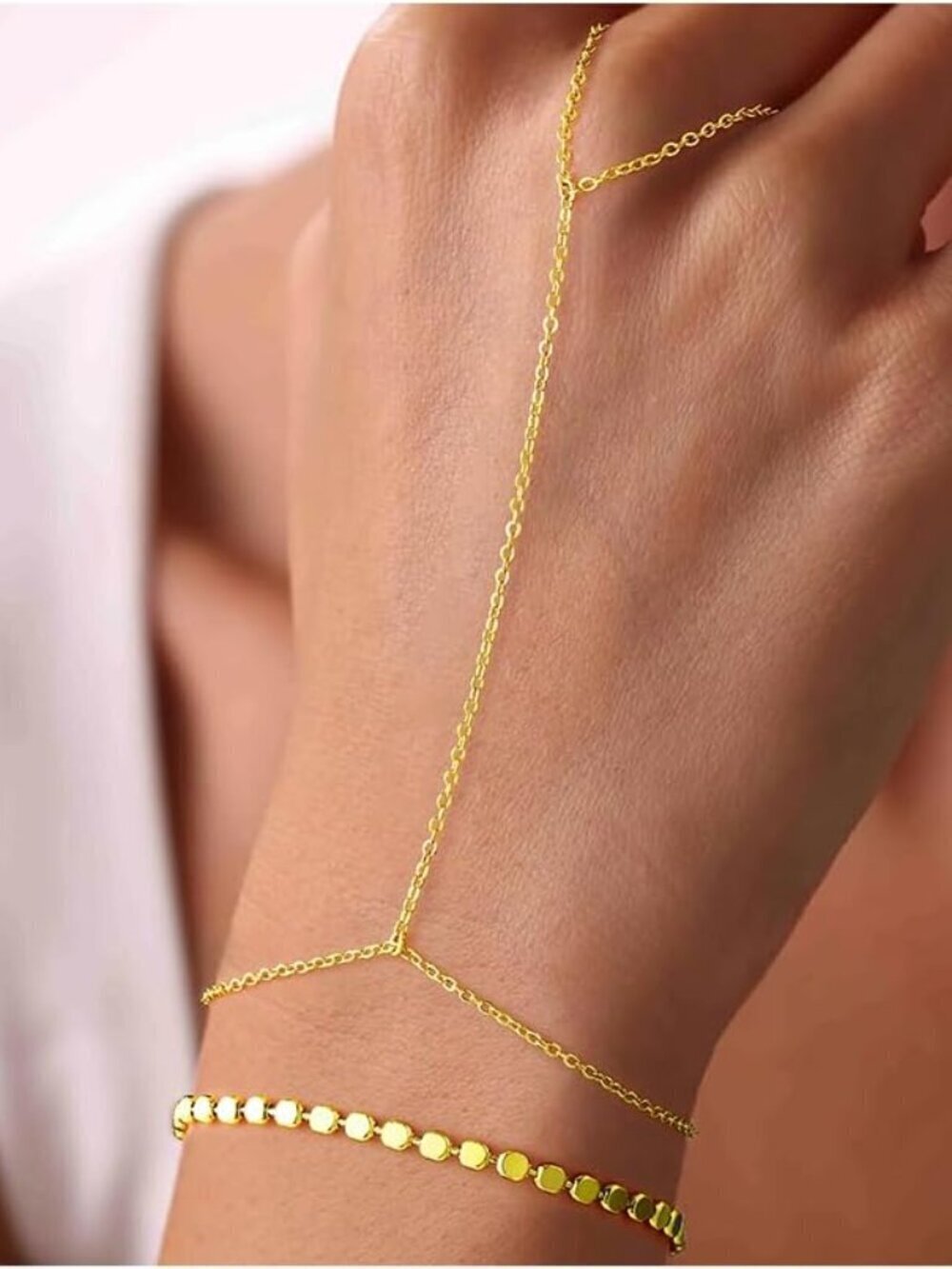 Dainty 14K Gold Plated Hand Chain Flat Bead Bracelet Women Layered Ring Jewelry